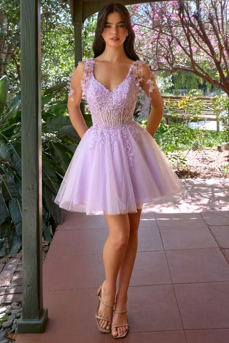 Ladivine CD0249 Clover Mini Dress in Lavender, front view | Lady Black Tie