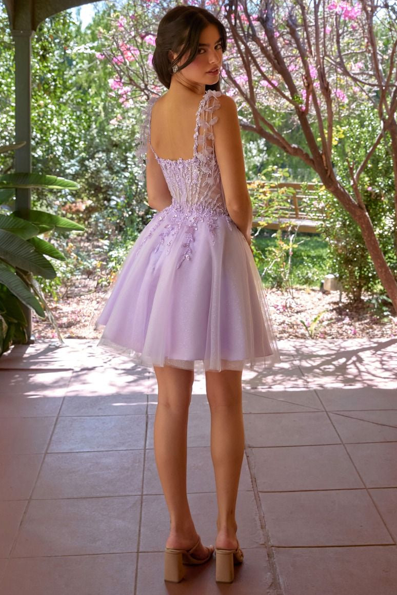 Ladivine CD0249 Clover Mini Dress in Lavender, back view | Lady Black Tie