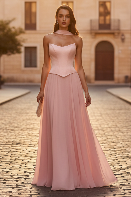ISABELLA GOWN - STRAPLESS CHIFFON DRESS WITH SCARF