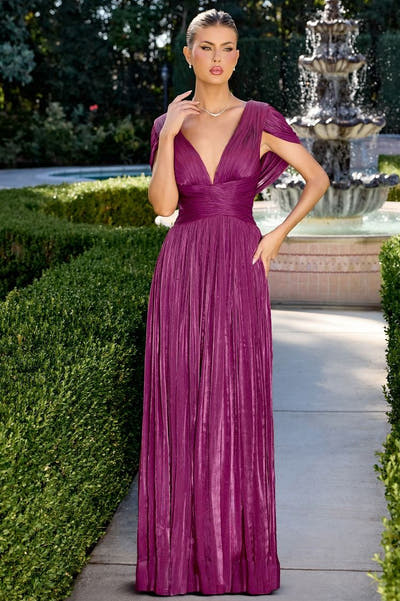 Astrid Gown - Draped Cap Sleeve Shimmer Chiffon Dress