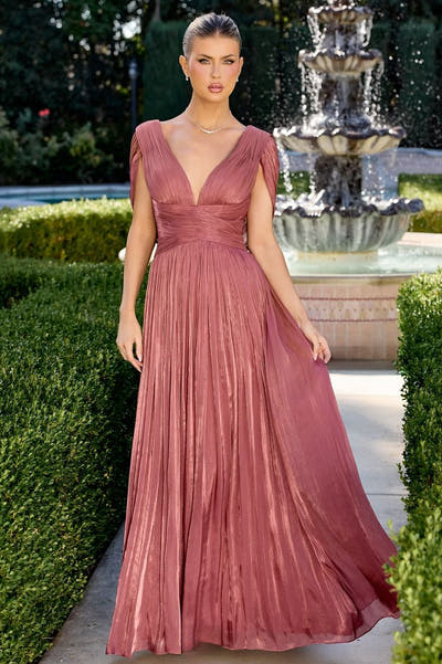 Astrid Gown - Draped Cap Sleeve Shimmer Chiffon Dress