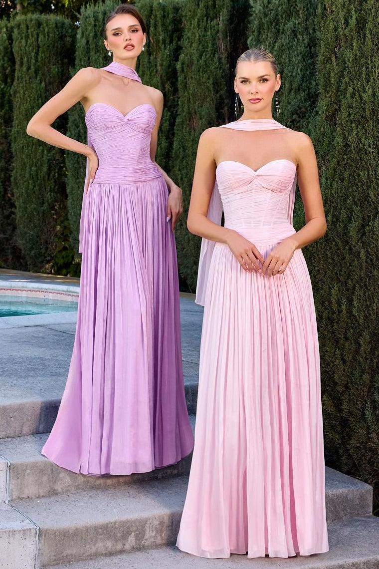 Linnea Gown - Strapless Shimmer Chiffon Dress with Scarf