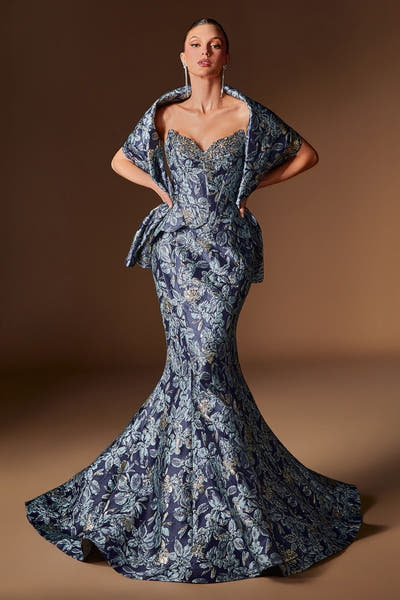 Jackie Gown - Jacquard Mermaid Dress With Shawl