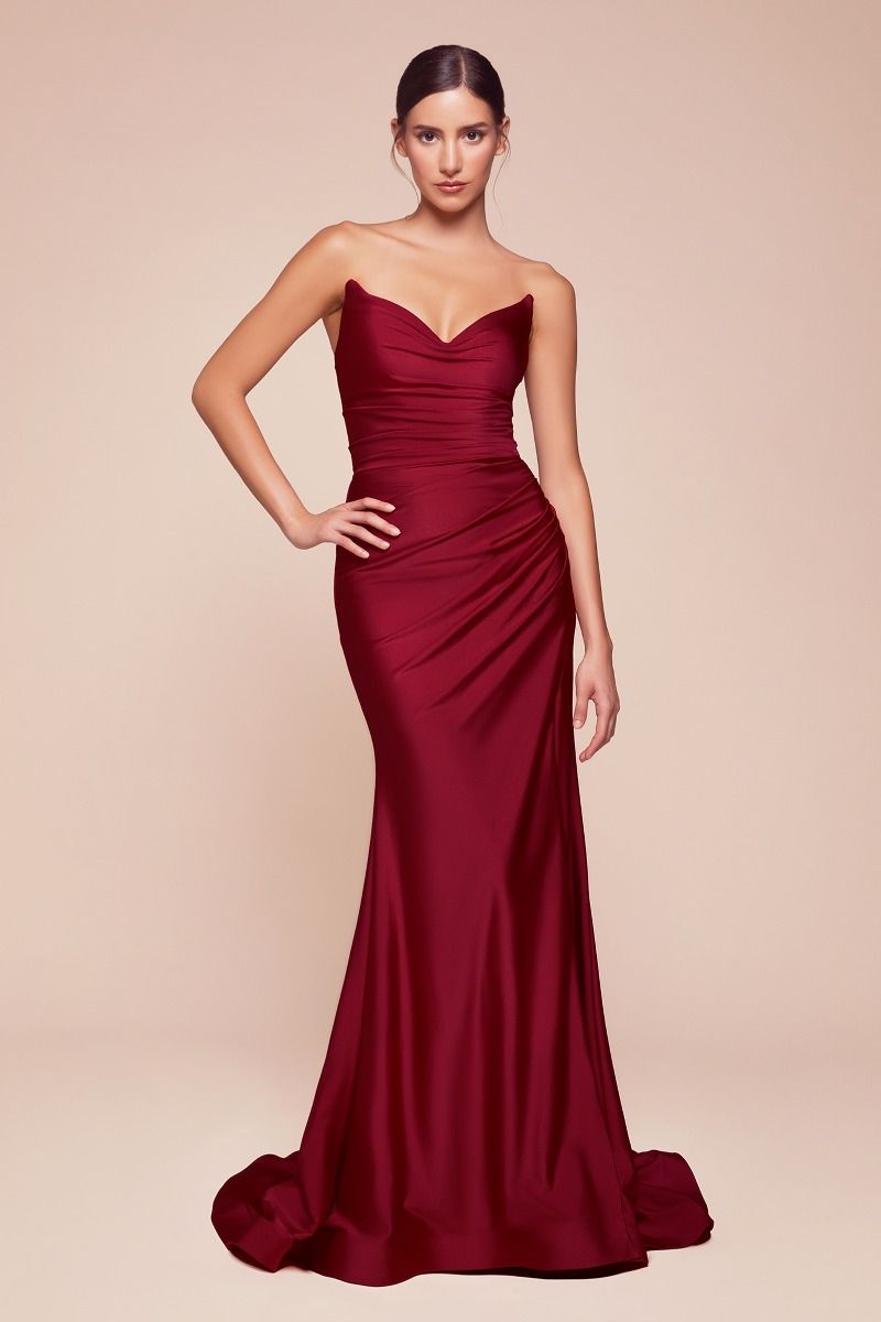 AVA POINTED V-NECKLINE GOWN - STRAPLESS STRETCH SPANDEX SATIN FITTED DRESS