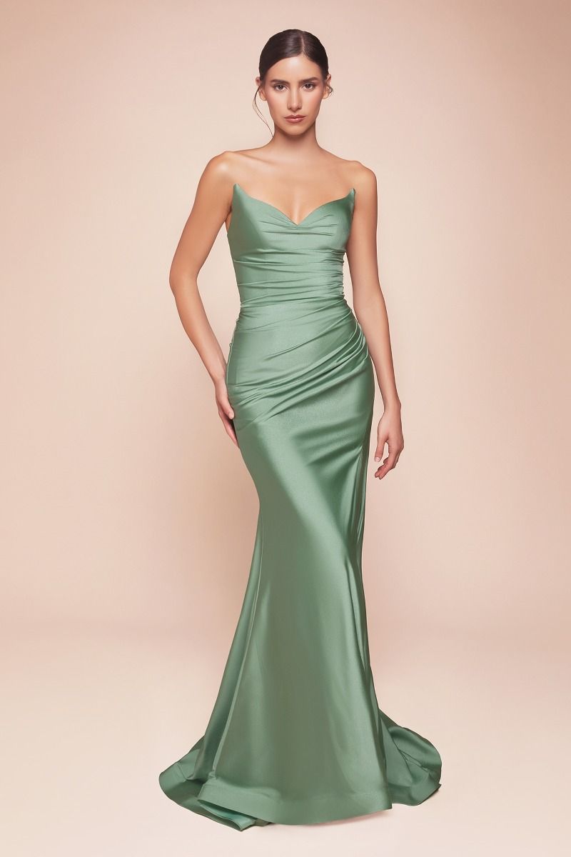 AVA POINTED V-NECKLINE GOWN - STRAPLESS STRETCH SPANDEX SATIN FITTED DRESS