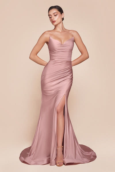 AVA POINTED V-NECKLINE GOWN - STRAPLESS STRETCH SPANDEX SATIN FITTED DRESS