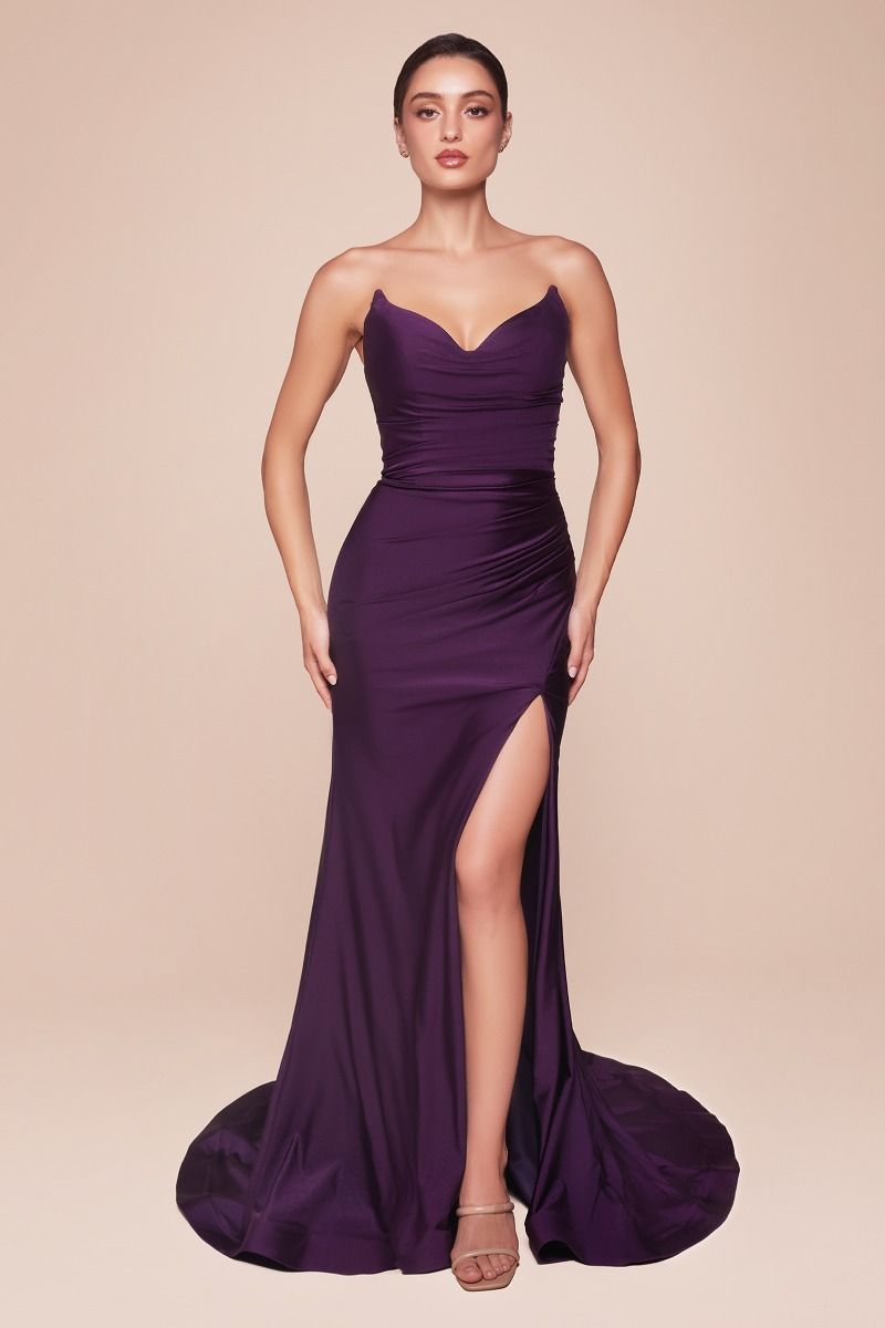 AVA POINTED V-NECKLINE GOWN - STRAPLESS STRETCH SPANDEX SATIN FITTED DRESS - Eggplant / 2 AVA POINTED V-NECKLINE GOWN - STRAPLESS STRETCH SPANDEX SATIN FITTED DRESS - Eggplant / 2