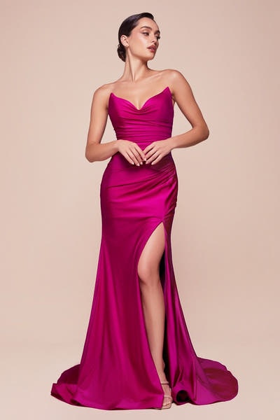 AVA POINTED V-NECKLINE GOWN - STRAPLESS STRETCH SPANDEX SATIN FITTED DRESS