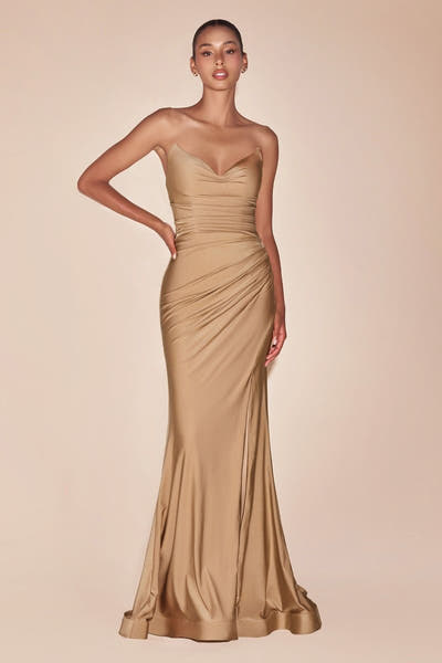 AVA POINTED V-NECKLINE GOWN - STRAPLESS STRETCH SPANDEX SATIN FITTED DRESS