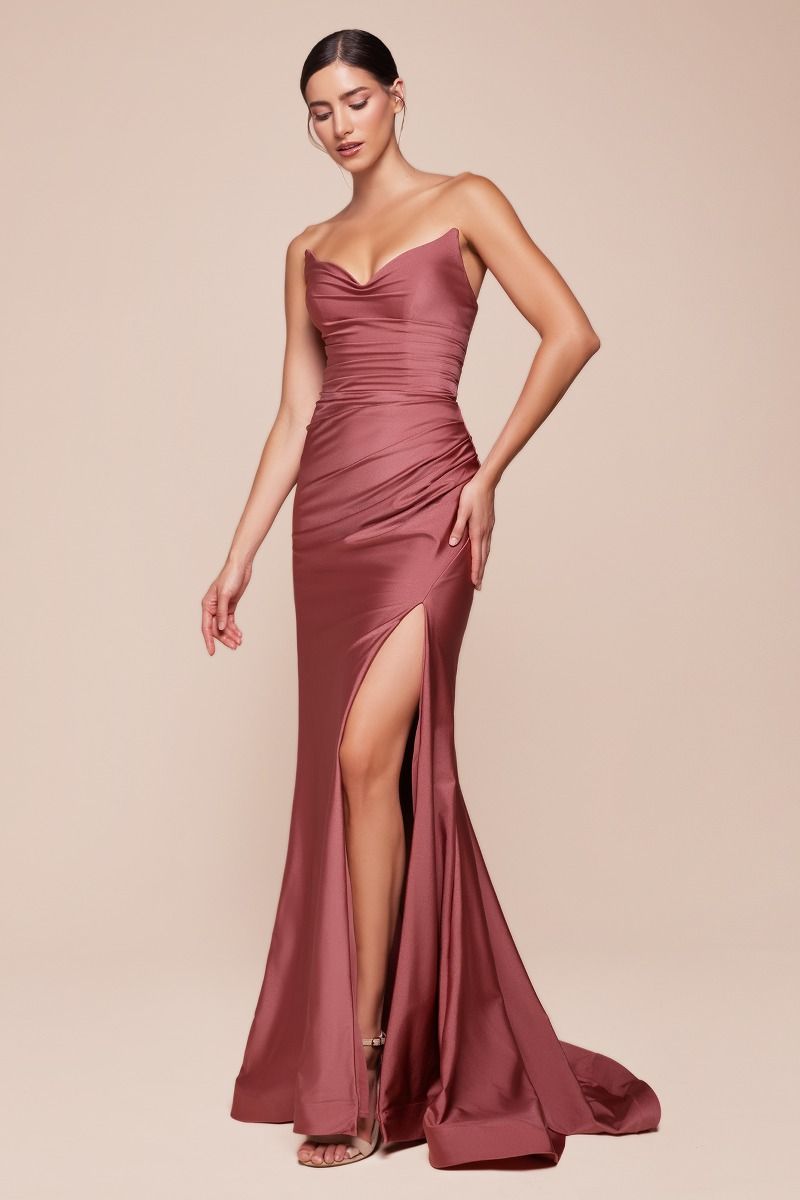 AVA POINTED V-NECKLINE GOWN - STRAPLESS STRETCH SPANDEX SATIN FITTED DRESS