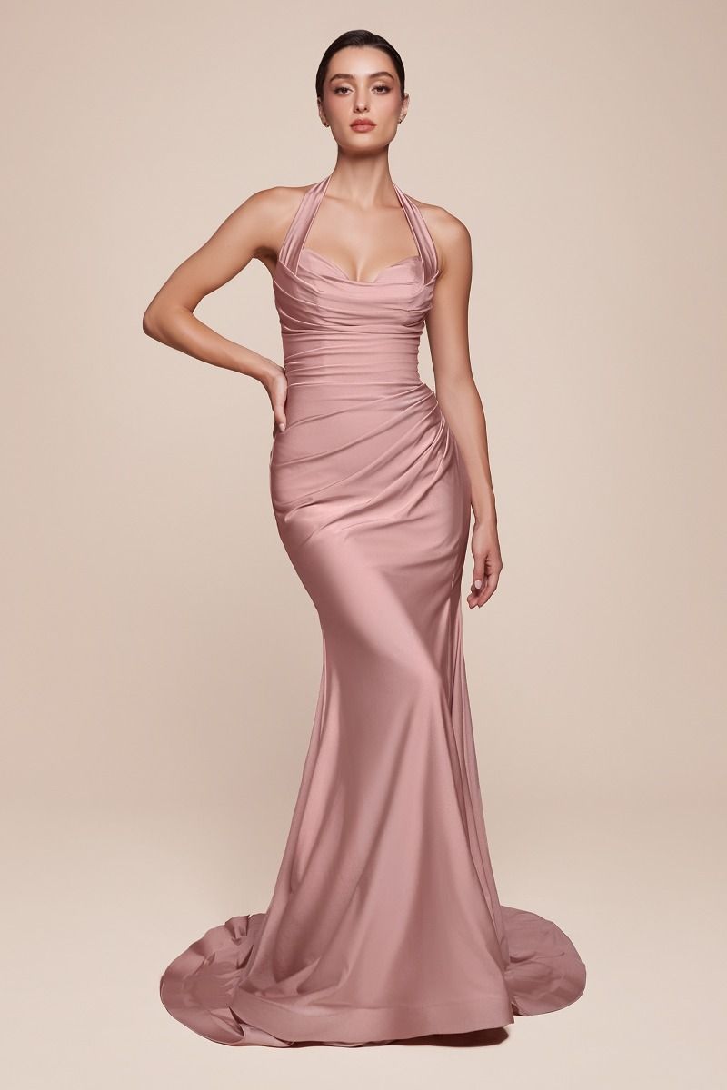Autumn Gown - Stretch Spandex Satin Halter Fitted Dress