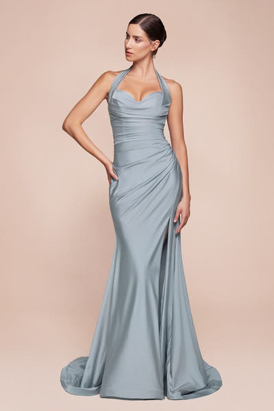 Autumn Gown - Stretch Spandex Satin Halter Fitted Dress
