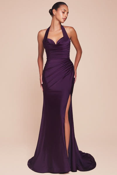 Autumn Gown - Stretch Spandex Satin Halter Fitted Dress