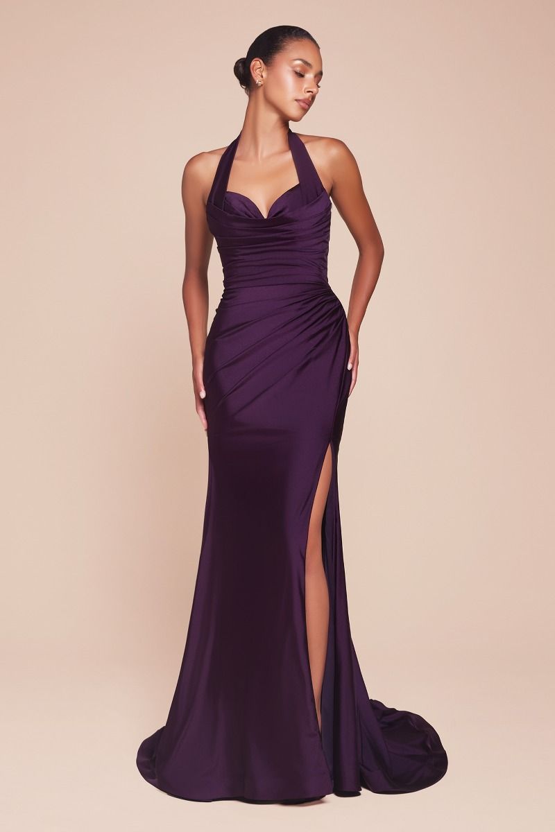 Autumn Gown - Stretch Spandex Satin Halter Fitted Dress