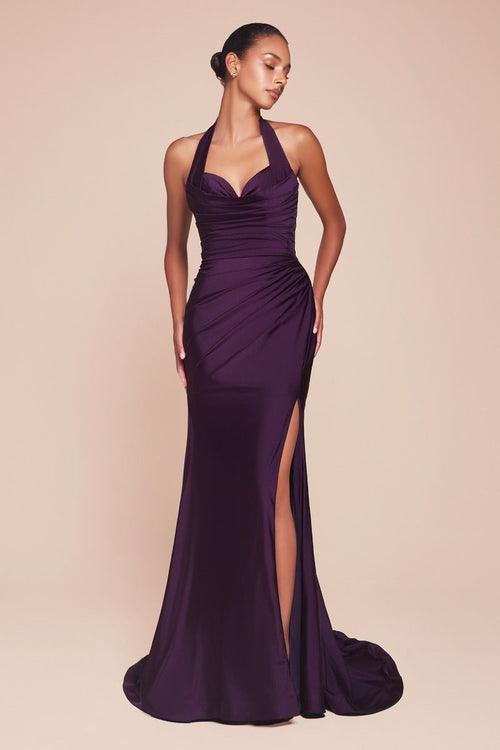 Autumn Gown - Stretch Spandex Satin Halter Fitted Dress