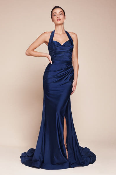 Autumn Gown - Stretch Spandex Satin Halter Fitted Dress