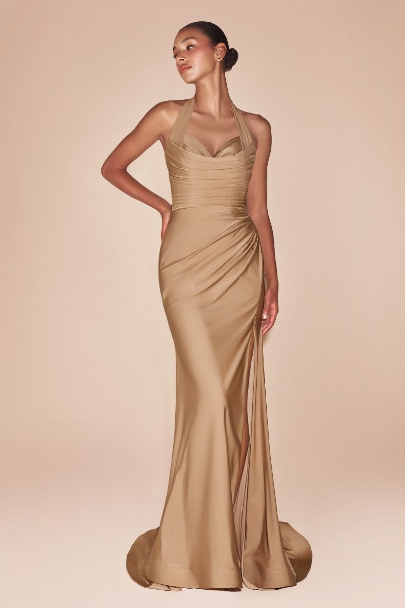 Autumn Gown - Stretch Spandex Satin Halter Fitted Dress