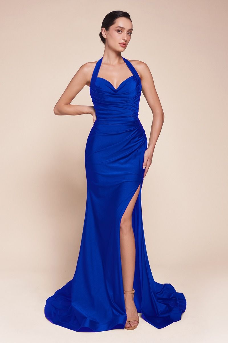 Autumn Gown - Stretch Spandex Satin Halter Fitted Dress