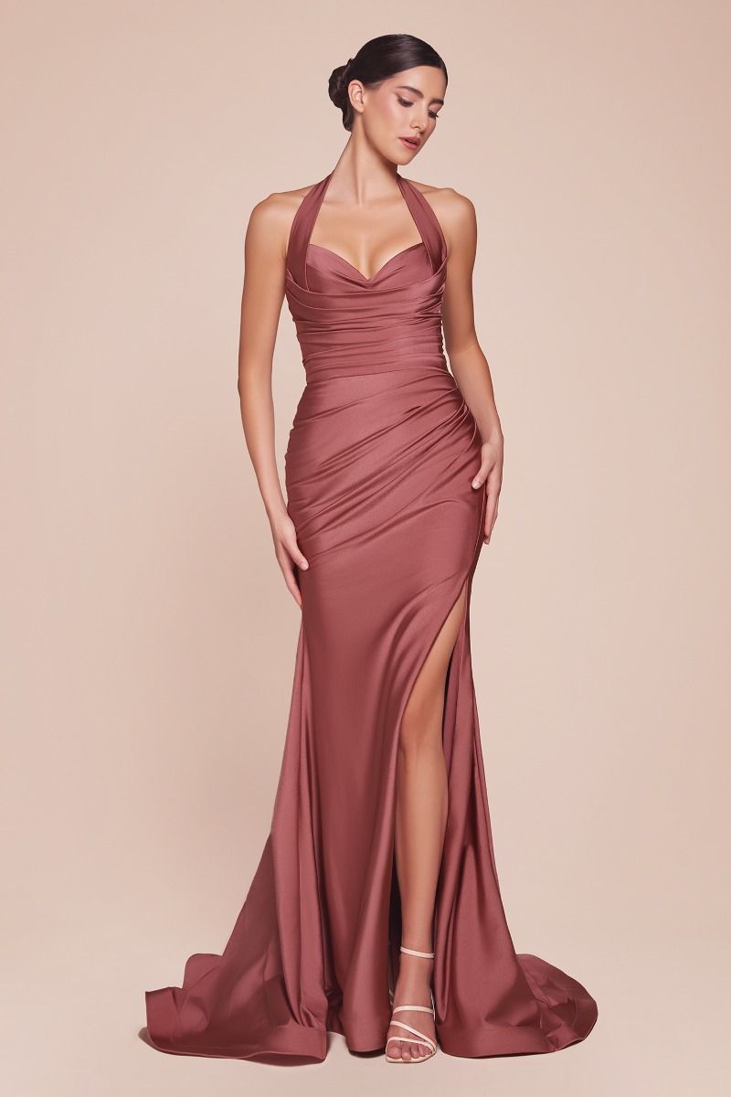 Lady Black Tie - Autumn Gown - Stretch Spandex Satin Halter Fitted Dress