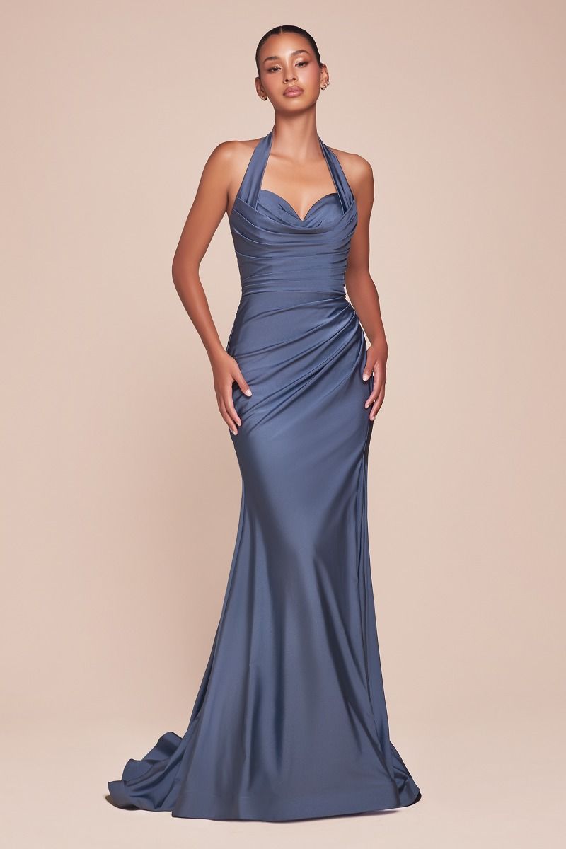 Autumn Gown - Stretch Spandex Satin Halter Fitted Dress