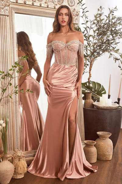 LANA GOWN - EMBELLISHED OFF THE SHOULDER SATIN GOWN