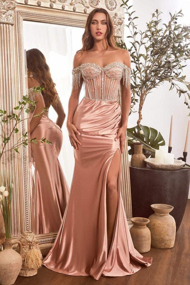 LANA GOWN - EMBELLISHED OFF THE SHOULDER SATIN GOWN
