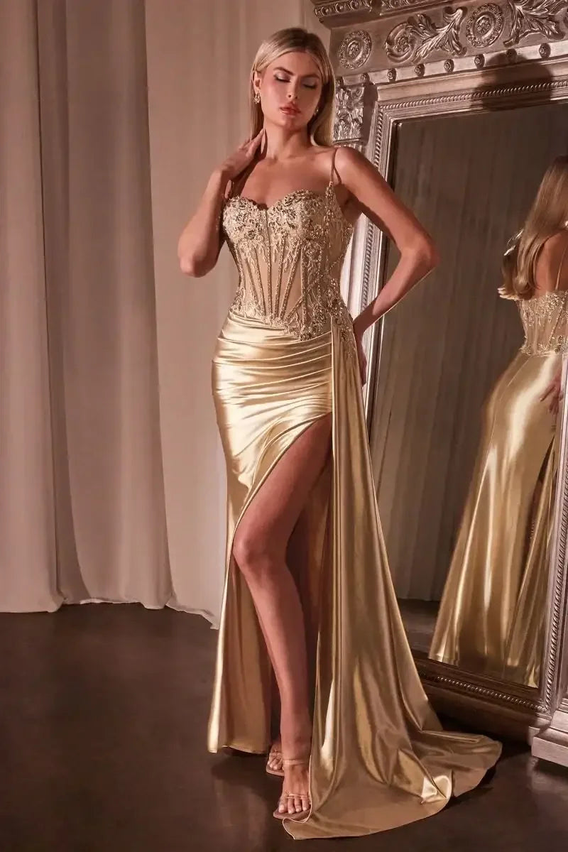 Teagan Gown - Gold  - FITTED SATIN & LACE DRESS
