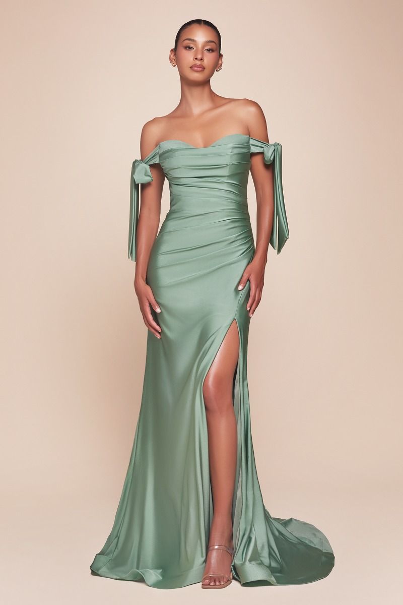Amber Gown - Off Shoulder Stretch Spandex Satin Dress With Ties