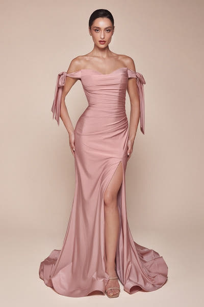 Amber Gown - Off Shoulder Stretch Spandex Satin Dress With Ties