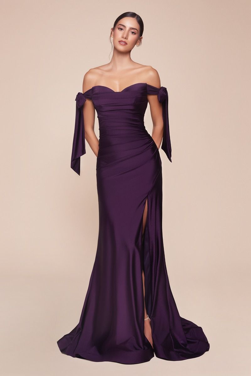 Amber Gown - Off Shoulder Stretch Spandex Satin Dress With Ties