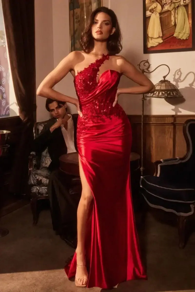 GIOVANNA GOWN - ONE SHOULDER SATIN DRESS WITH LACE APPLIQUÉ