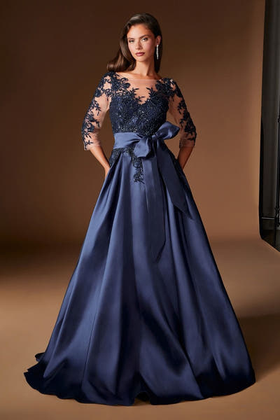 Cassandra Gown - Beaded Mikado Dress With Sheer Sleeves