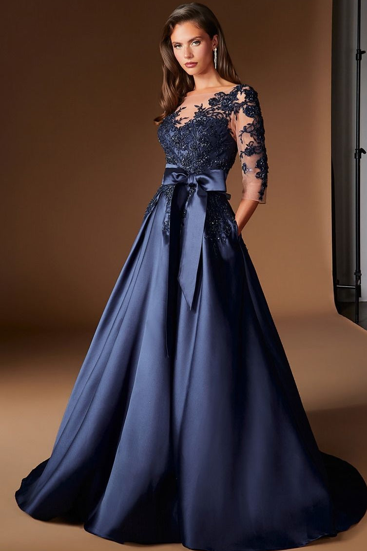 Cassandra Gown - Beaded Mikado Dress With Sheer Sleeves