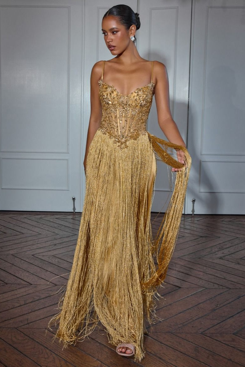 Ladivine CDS580 Zephyra Gown in Gold, front view | Lady Black Tie