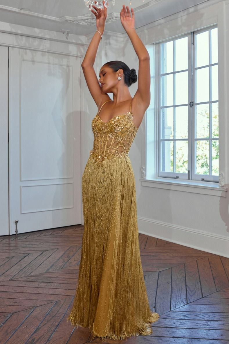 Ladivine CDS580 Zephyra Gown in Gold, front view | Lady Black Tie