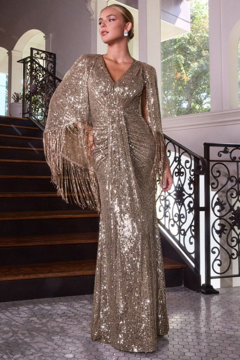 Ladivine CH2632 Winifred Gown in Gold with cape, front view | Lady Black Tie