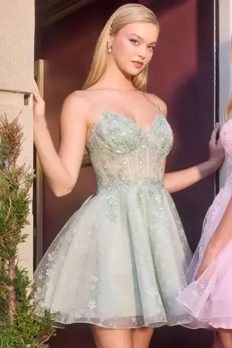 JOLEEN MINI DRESS - FLORAL LACE & TULLE A-LINE COCKTAIL DRESS