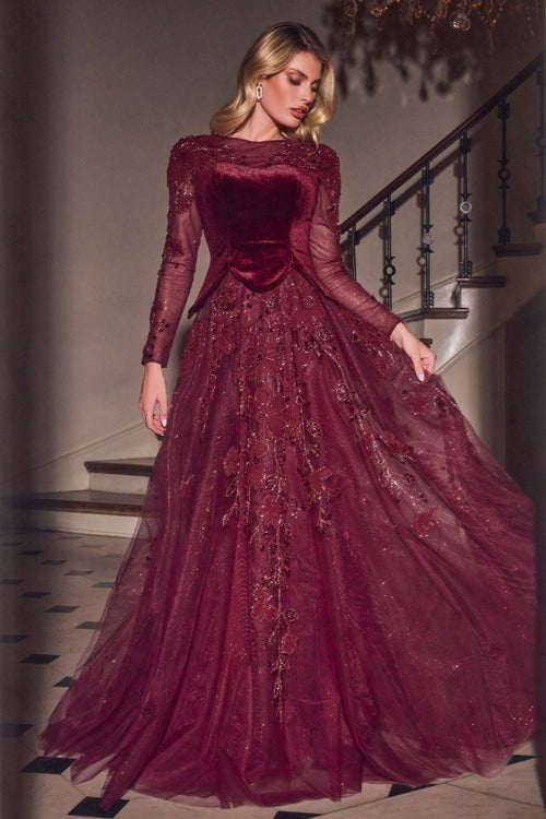 Ladivine CM394 BURGUNDY A-line gown, Illusion scoop neckline with sheer embellished long sleeves, sculpted velvet bodice, and basque-inspired waist, and Full floor-length