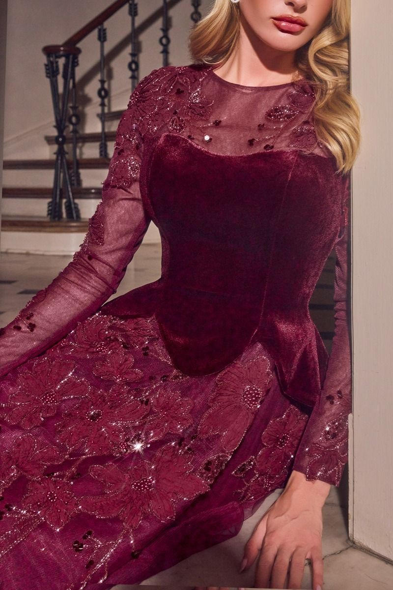 Ladivine CM394 BURGUNDY A-line gown, Illusion scoop neckline with sheer embellished long sleeves, sculpted velvet bodice, and basque-inspired waist, and Full floor-length