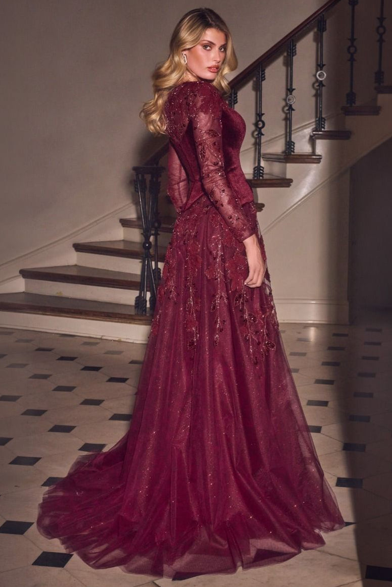Ladivine CM394 BURGUNDY A-line gown, Illusion scoop neckline with sheer embellished long sleeves, sculpted velvet bodice, and basque-inspired waist, and Full floor-length