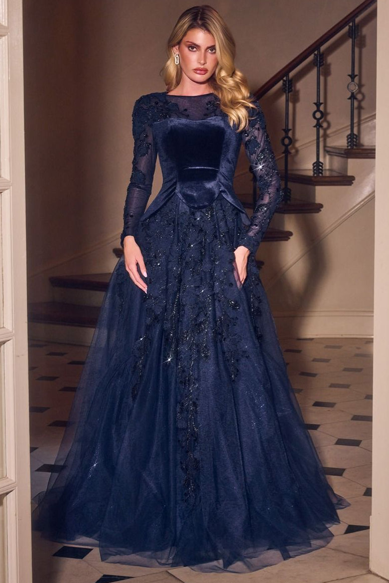 Ladivine CM394 NAVY A-line gown, Illusion scoop neckline with sheer embellished long sleeves, sculpted velvet bodice, and basque-inspired waist, and Full floor-length