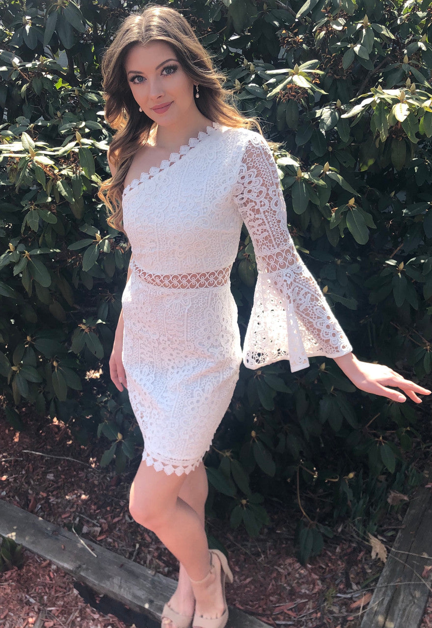 white dress with black lace sleeves MADISON LONG LACE SLEEVES BACK STRAPS MINI DRESS