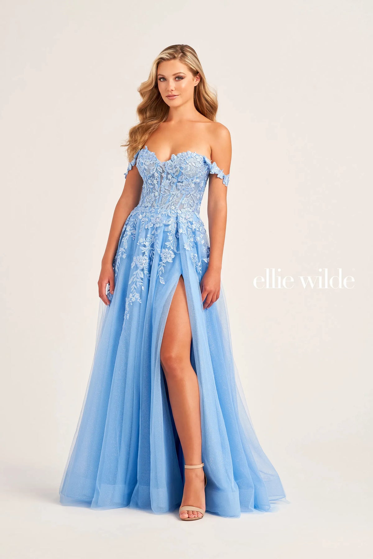 Ellie Wilde EW35101 Off-Shoulder Glitter Tulle A-Line Gown in Bluebell | Lady Black Tie