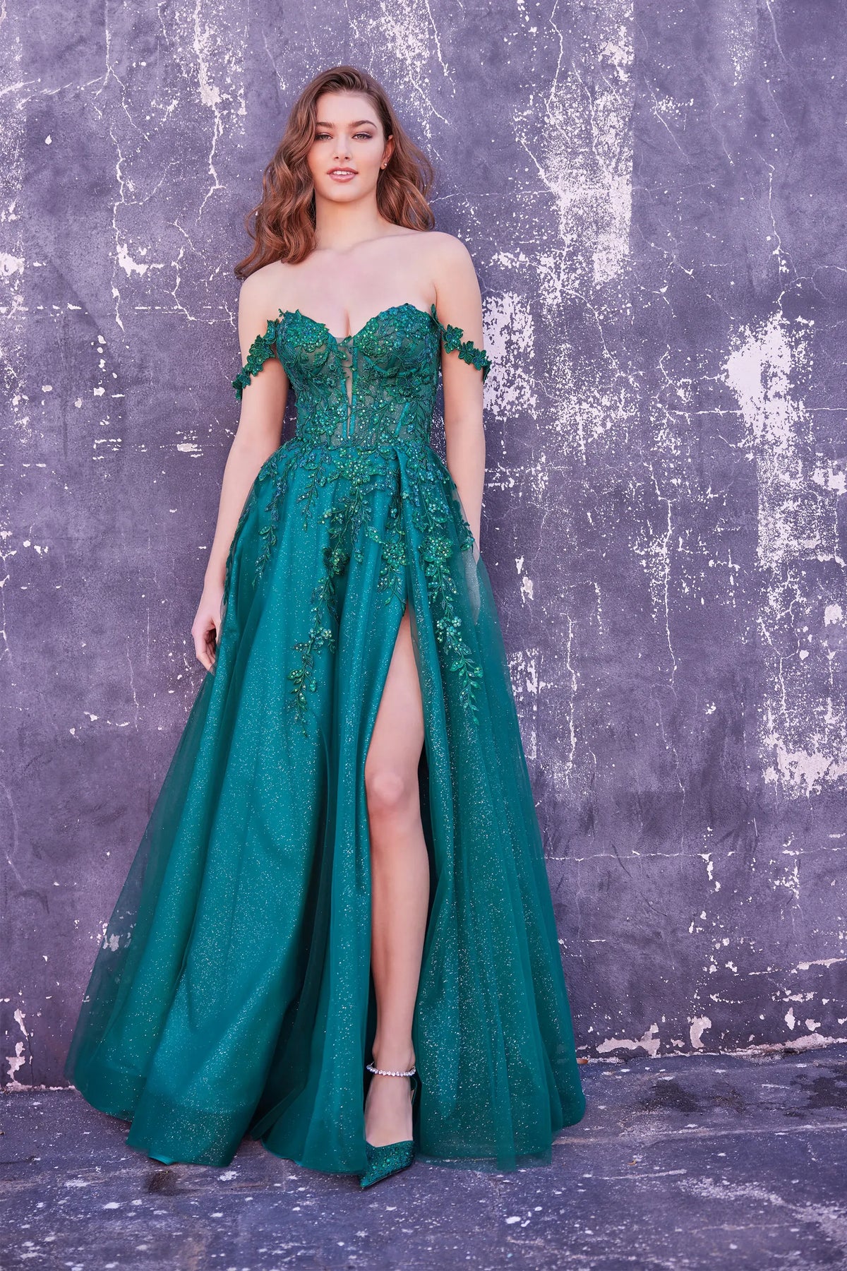 Ellie Wilde EW35101 Off-Shoulder Glitter Tulle A-Line Gown in Emerald | Lady Black Tie