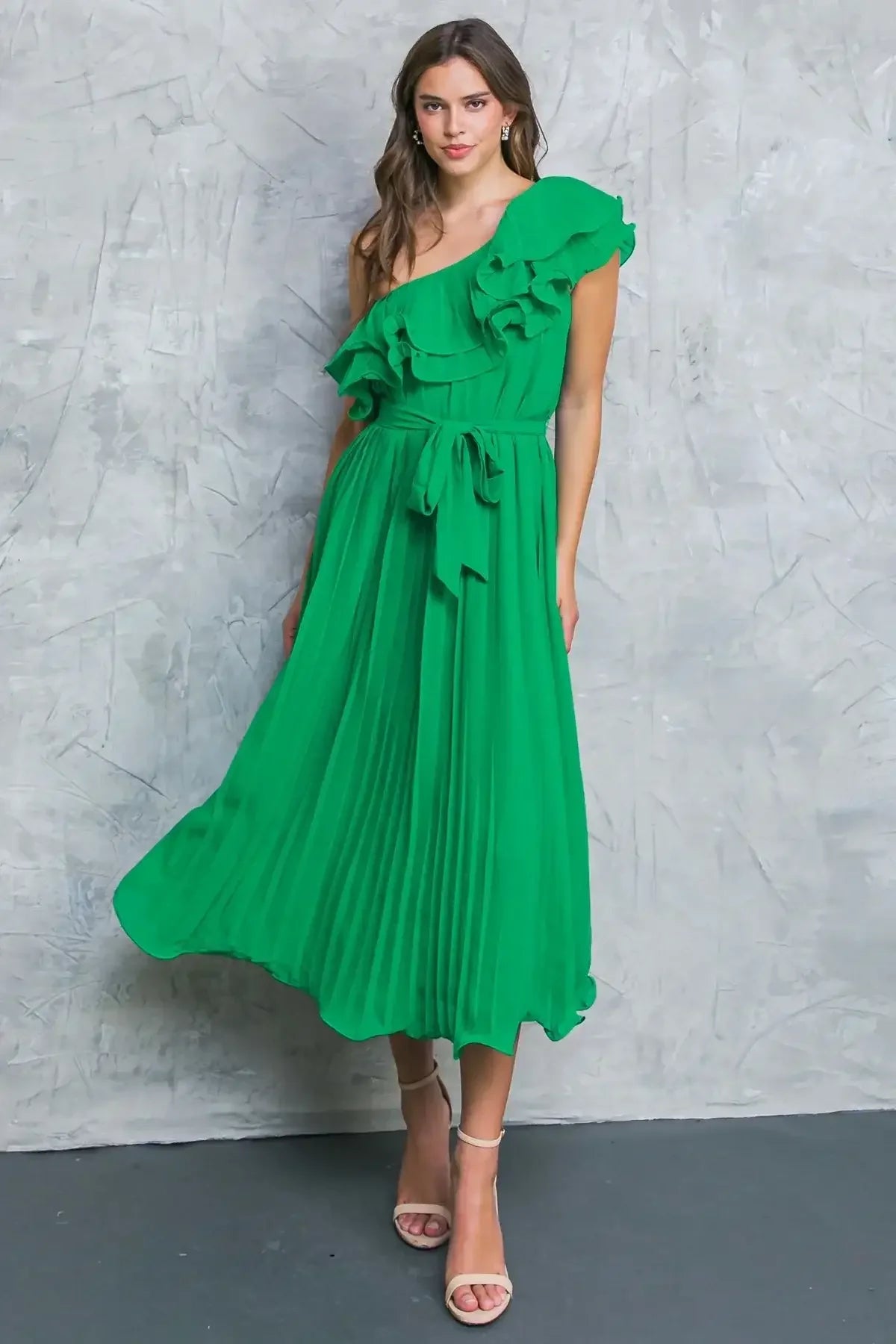 SUN-KISSED STYLE - GREEN - ONE SHOULDER RUFFLE MIDI DRESS