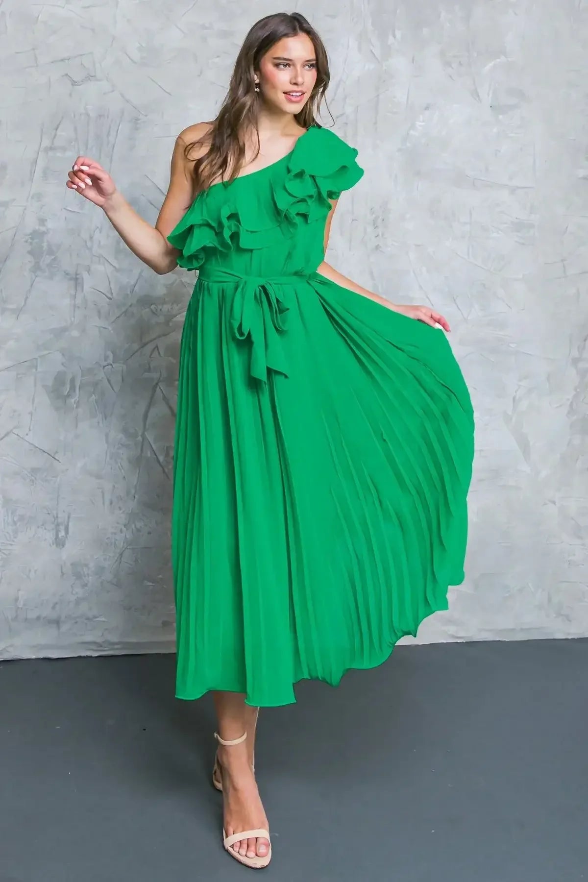 SUN-KISSED STYLE - GREEN - ONE SHOULDER RUFFLE MIDI DRESS