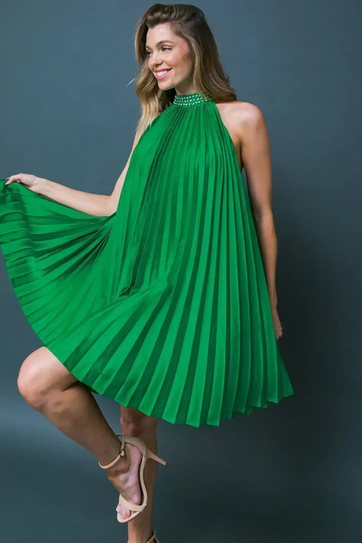 Green pleated dress