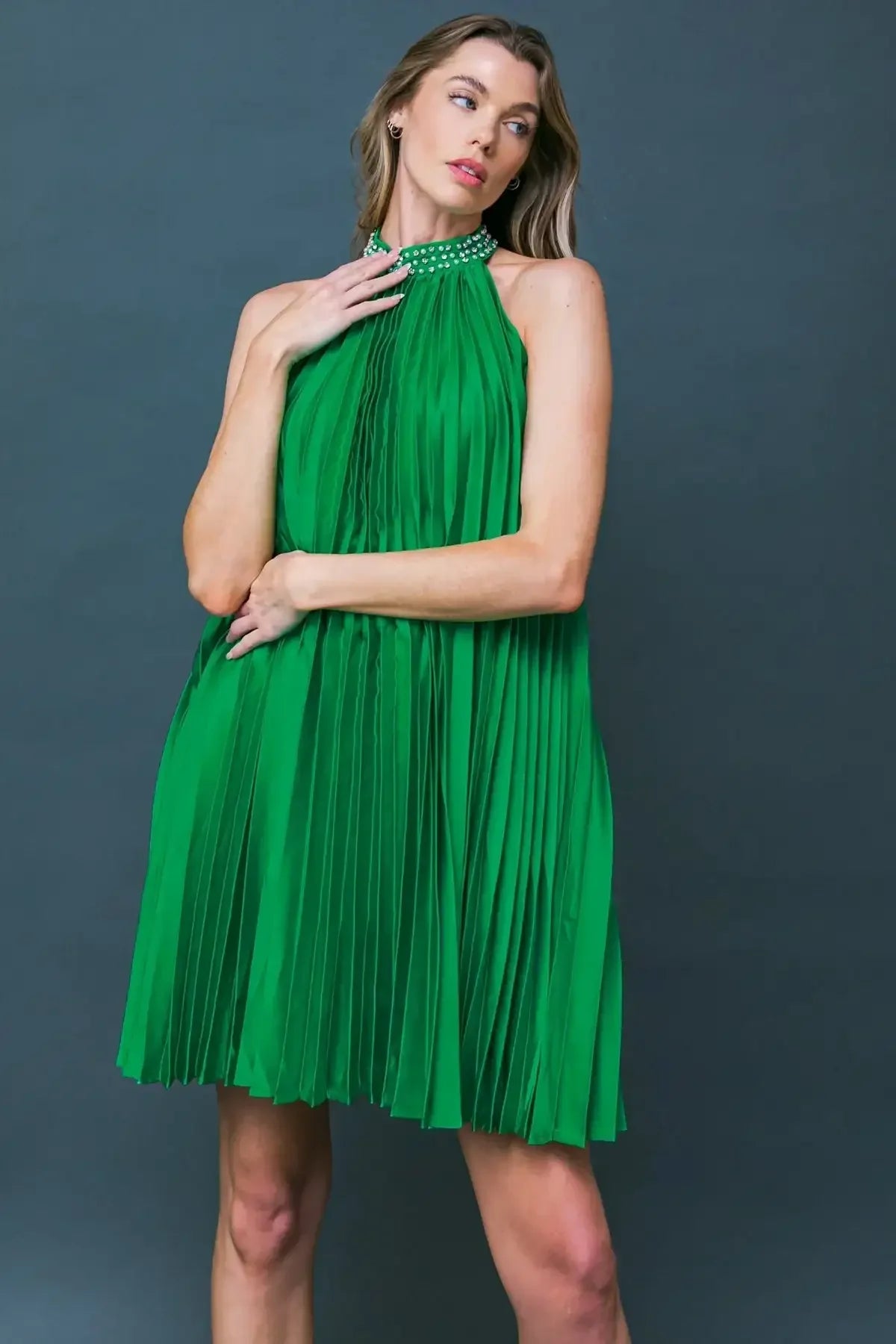 Green pleated dress