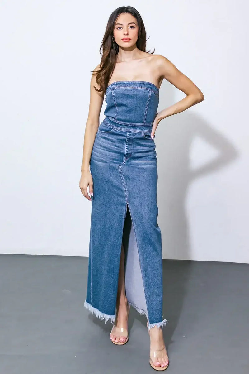 Roux Strapless Washed Denim Midi Dress