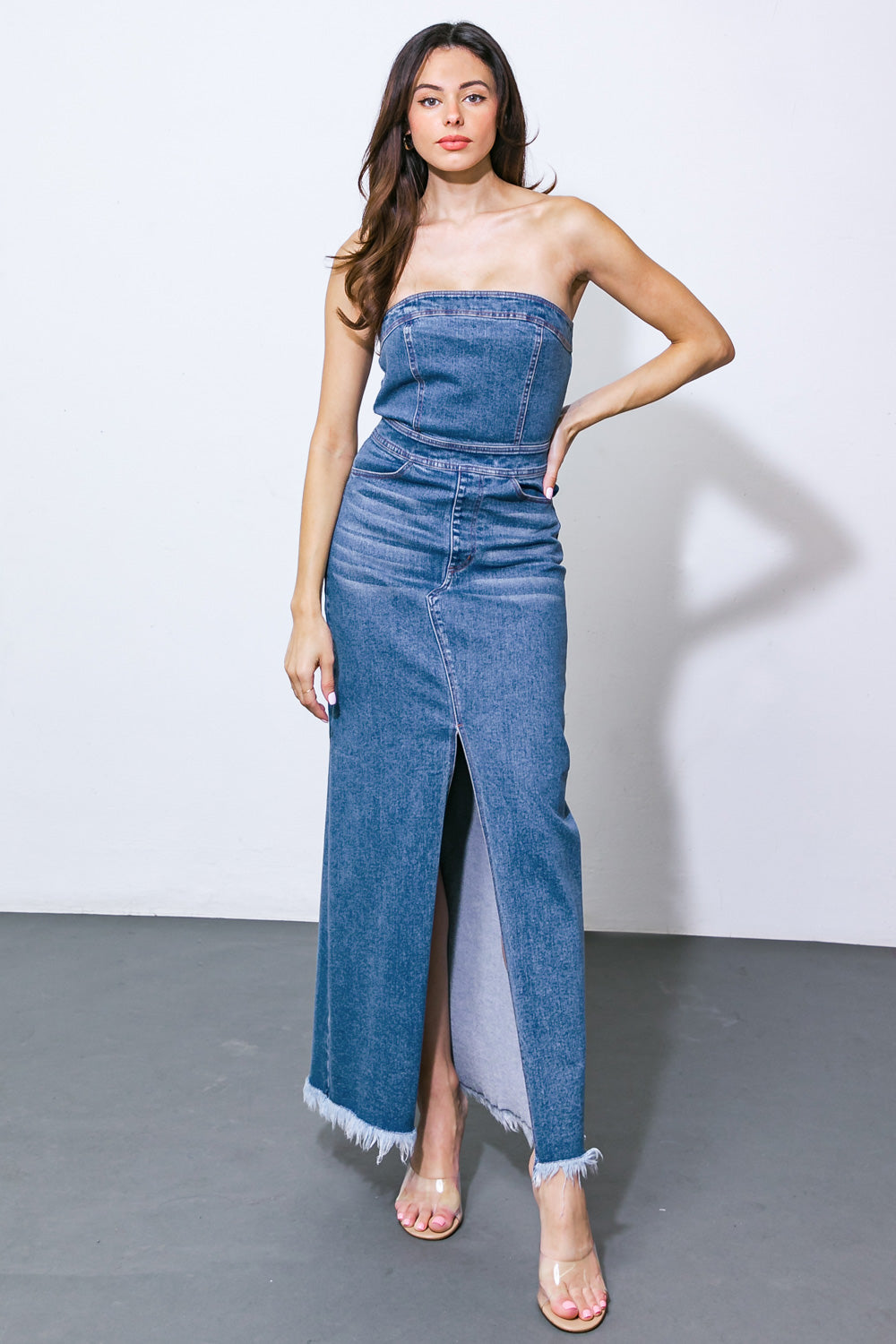 Roux Strapless Washed Denim Midi Dress – Front Slit, Frayed Hem ...